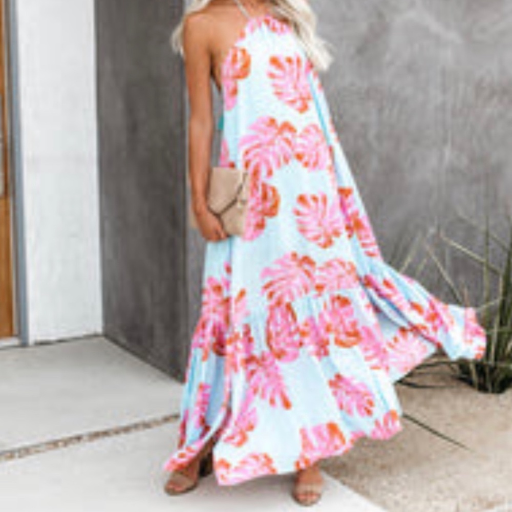 VICI Agua Palm Print Halter Ruffle Maxi Dress - Extra Small